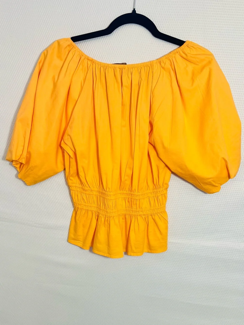 LOFT Bright Orange Puff Sleeve Smocked Peplum Blouse